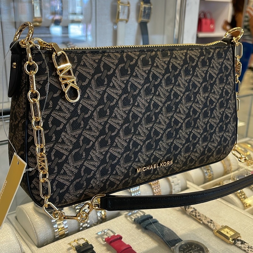 MICHAEL KORS EMPIRE MEDIUM METALLIC CHAIN-LINK POCHETTE
Black/Pale Gold 
NWT - Picture 11 of 16